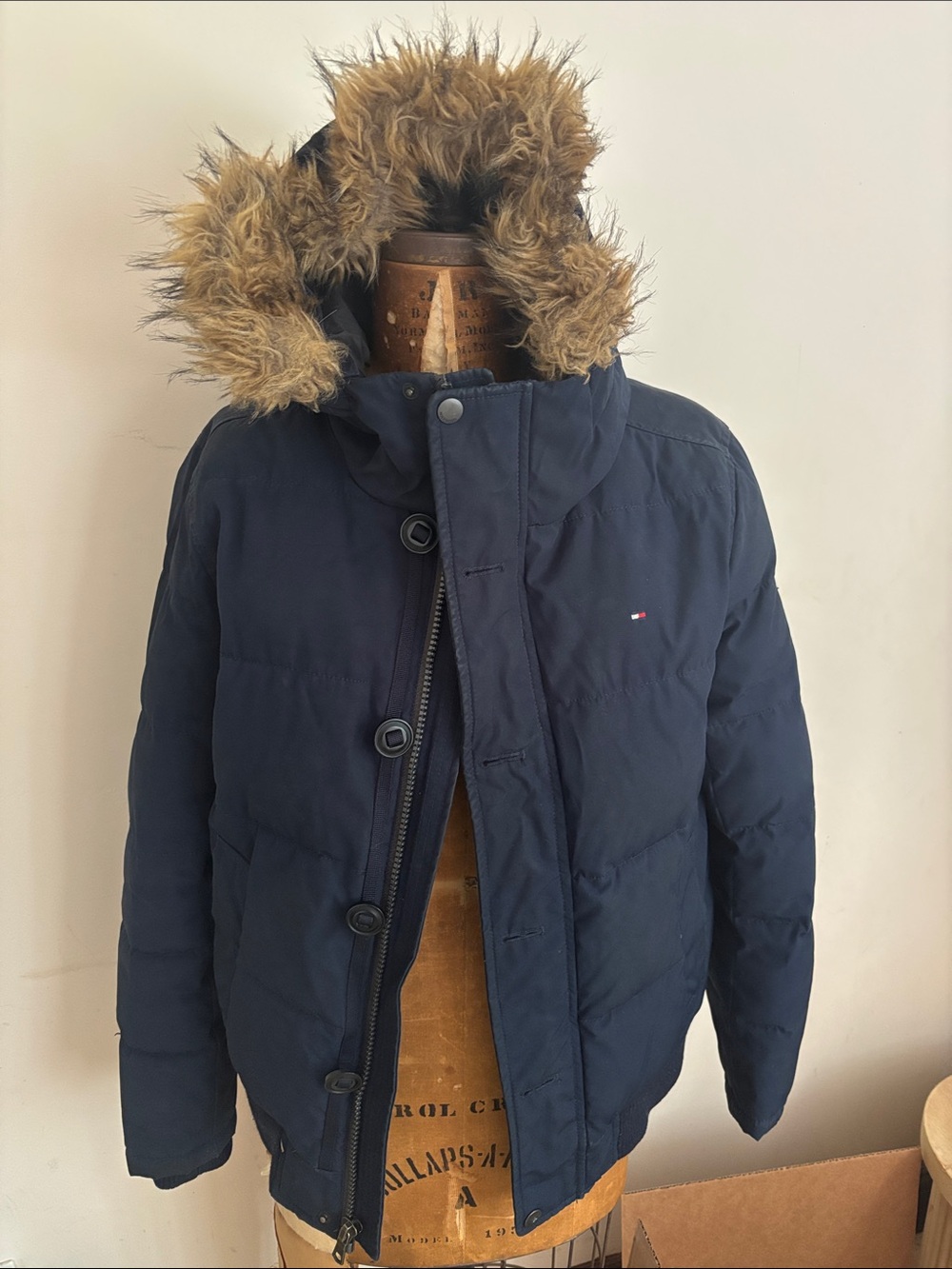 Tommy Hilfiger Navy Puffer Coat with Faux Fur Trim